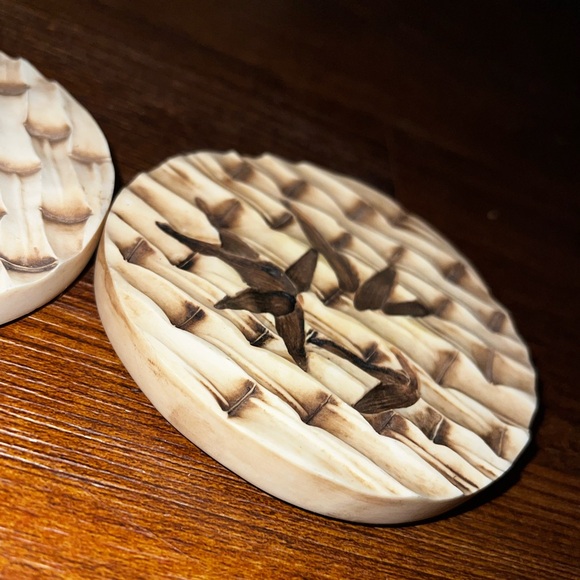 Tan Cream Wooden Carved Coasters Set Of 2 - Picture 3 of 8